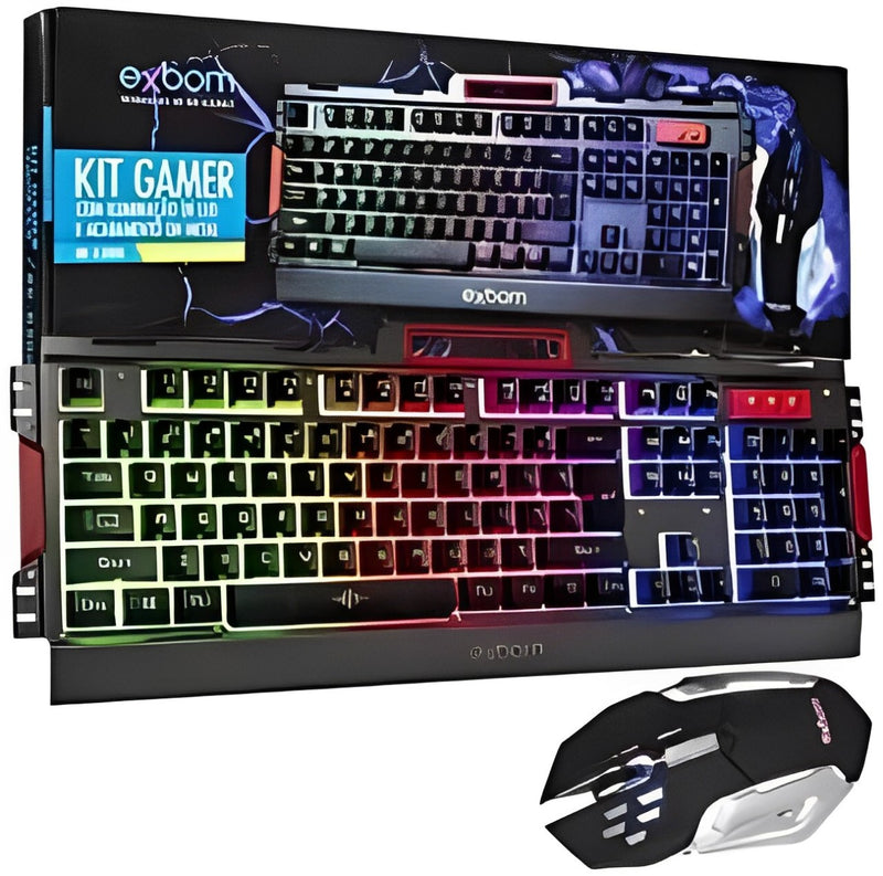 Kit Gamer Exbom Bk-g3000, com Mouse LED, 3200DPI, 5 Botões, Plug and Play, + Teclado Semi Mecânico, LED RGB, ABNT2 e US, USB, Prata