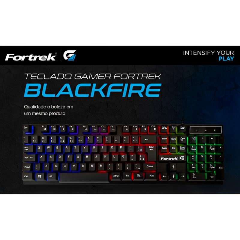 Teclado Gamer Fortrek Blackfire New, LED Rainbow, Teclas Multimídia, ABNT2